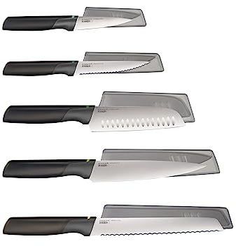 Joseph Joseph Duo 5 Piece Elevate Kitchen Knife set, Japanese Stainless Steel blades, includes Paring, Serrated and Chef's knife with protective sheath, Black/Opal