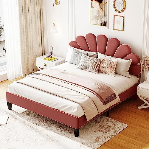 Harper & Bright Designs Queen Size Platform Bed with Flower Shaped Headboard, Velvet Upholstered Bed Frame with Flower Pattern for Girls, No Box Spring Needed, Bean Paste Red