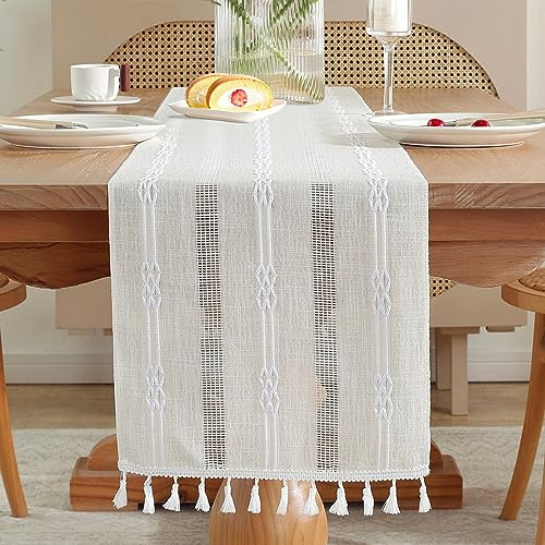 AUAUY Tischläufer Boho, Makramee, mit Quasten, 33x180cm, Beige | Landhausstil Table Runner, Tischläufer für Deko Boho, Hochzeit, Brautdusche, Esstisch Dekor, Partys, Dessert-Tischdekoration