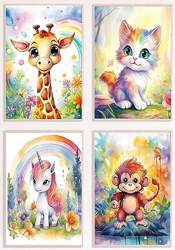 Dreamy Doodles® | Süße Tierwelt | 4er Poster Set | DIN A4 ohne Rahmen | Bilder Kinderzimmer | Premium Wandbild | Deko | Einhorn Giraffe Affe Katze | Babyzimmer Deko | Kindermotive Kinderbilder
