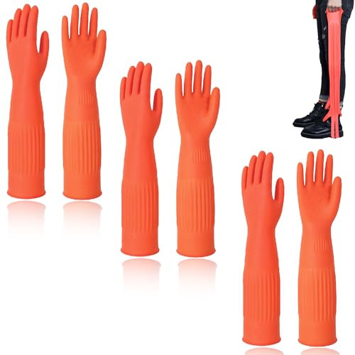 Consss 3-Pairs Reusable Household Gloves, Rubber Dishwashing gloves, Extra Thickness, Long Sleeves, Kitchen Cleaning, Working, Painting, Gardening, Pet Care