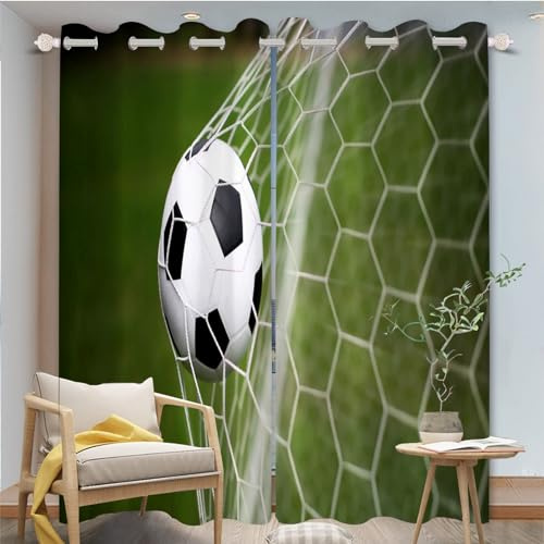 FABTOP Fußball Verdunkelungsgardinen mit Ösen für Jungen 150×166cm | Atmungsaktiver Stoff, blickdichte Verdunkelung, sportliches Fußball Motiv mit Ösen für Kinderzimmer(150×166BxH (75×166cm×2)