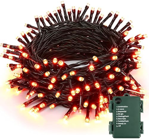Halloween Decorazioni Luci da Esterne, 20M 200 LED Natalizie Catena Luminosa Arancia a Batteria 8 Modalità Impermeabile lucine Decorative Autunno per Ringraziamento Feste Giardino Matrimonio Albero
