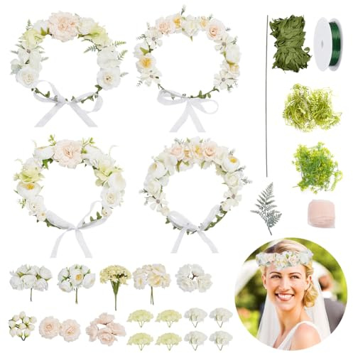 INFUNLY 4 Set Blumenkronen-Bastelset Zum Selbermachen, Kopfschmuck Für Die Braut, Damen Und Mädchen, Handgefertigter Blumenkranz, DIY-Blumenkronen-Bastelset, Stirnband, Girlande, Haarschmuck Für Hochz