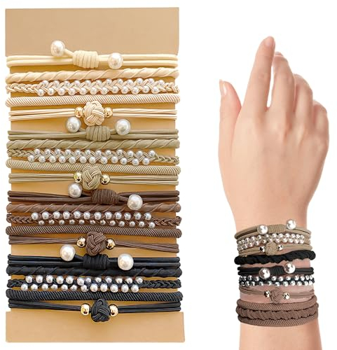 Pack of 20 Boho 20 Stück Boho-Haargummis, Haargummis für Frauen und Mädchen, dehnbare Pferdeschwanzhalter mit Perlen,elastische Haargummi-Armbänder für dünnes/dickes