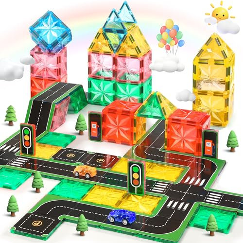 Lovchil 72PCS Magnetic Tiles Road Toppers Set for Kids, Magnetic Building Blocks with Cars Toys for 3 Year Old, Preschool Construction Road Toys for 3 4 5 6 7 8 Year Old Boys and Girls Toddlers