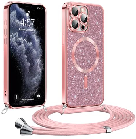 Phoona handyband Hülle für iPhone 11 Pro mit Band, Glitzer Handyhülle Kompatibel mit MagSafe, Ganzkörperschutz Kratzfeste Stossfest Schutzhülle mit Einstellbar Kette, Rosa