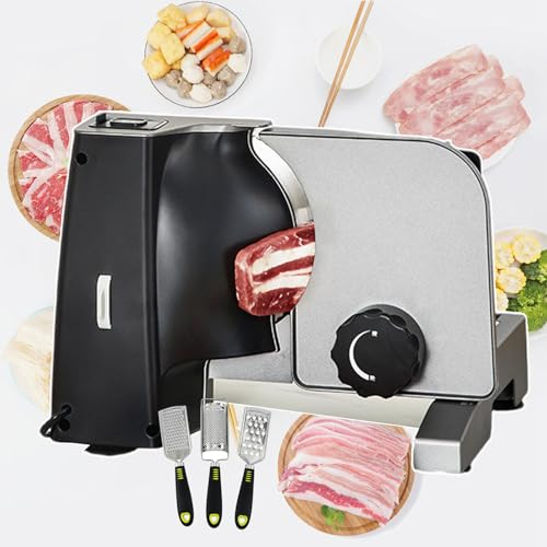 forplubossmmp Cuchillos Y Rebanadoras Eléctricas para Alimentos, Máquina Cortadora De Carne con Carro Y Empujador De Alimentos, Máquina Cortadora De Carne Espesor Ajustable con Mango Humanizado 200W