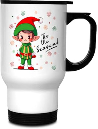 Christmas Travel Mug | Festive Thermal Stanley Mug for Hot Drinks, Tea, or Coffee | Xmas Elf, This is The Season Patterns | Reusable & Insulated Ideal Christmas Gifts for Men, Women & Kids (14oz)