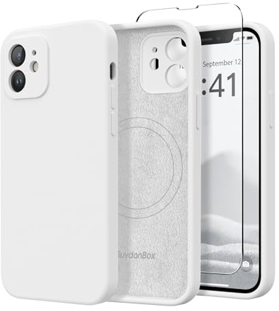 SuydanBox Magnetische Hülle für iPhone 12, kompatibel mit MagSafe, [Vollständiger Kameraschutz] [Displayschutzfolie] Stoßfeste Silikon-Schutzhülle für iPhone 12 6,1 Zoll, Weiß | Fit für MagSafe, Displayschutzfolie, Vollkameraschutz, Premium-Silikon, stoßfeste Schutzhülle für iPhone 12