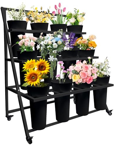 PROLEE Flower Display Stand with 12 Buckets, Flower Cart 3 Layers, Flower Stand Metal with Wheels, Moving Florist Bouquet Shelf, Triangular Rack Black