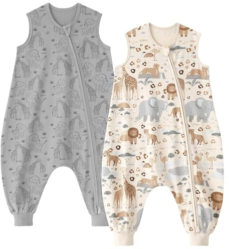 Unnivoll Baby Schlafsack mit Füßen 0,5 Tog Schlafsack Baby Sommer 2er Pack Baumwolle Schlafsack mit Beinen Babyschlafsack Weich 70 cm für Jungen Mädchen Beige Grau Elefanten