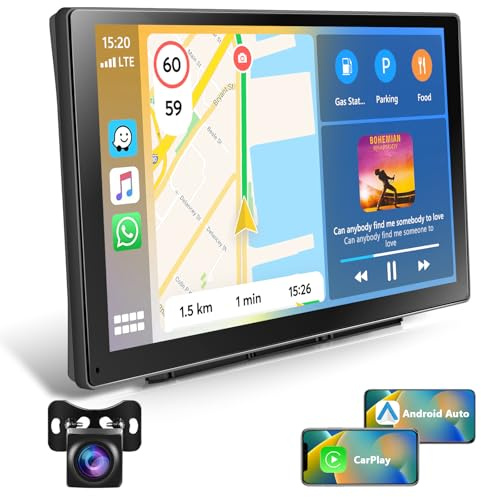 Motorsi 9 Zoll Tragbares Autoradio mit Wireless Carplay Android Auto Bildschirm, 7-32V Touchscreen mit Sprachassistent/Bluetooth/FM Transmitter/AUX+ Camera