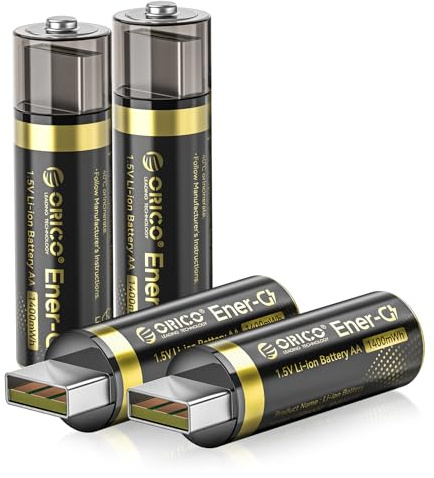 ORICO Lot de 4 piles rechargeables AA Lithium-Ion, avec port USB-A intégré, pas de câble nécessaire, batteries haute capacité 1,5 V 1400 mWh, cycles de cycle jusqu'à 1500 x -EG5A