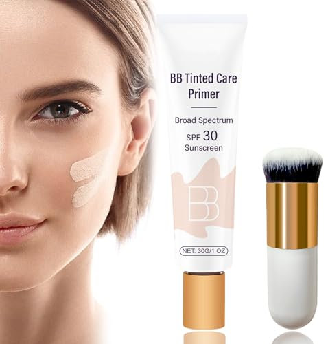 Tinted Moisturizer With Spf 30, BB Blur Tint Primer With Brush, Universal Sunscreen Moisturising Lotion for Women, Full Coverage Light-Medium Skin, Broad Spectrum Makeup Brighten Daily Cream,Ivory