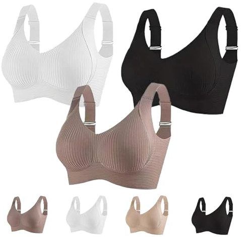 Women's Ribbed Push up Adjustable Wireless Bra, Super Firming Bra, Adjustable Wireless Bras (3PCS-B,L)