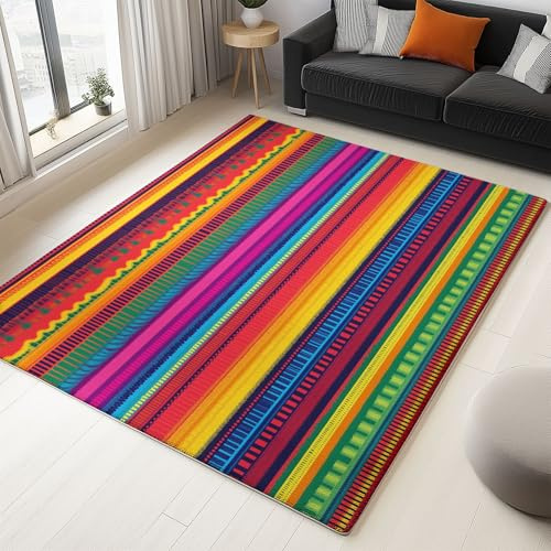 Boho Teppich Waschbar rutschfest 80x150 cm – Mexikanische Streifen Vintage Kurzflor Bunt Ethno – Wohnzimmer Schlafzimmer Küche Flur – Weich Pflegeleicht