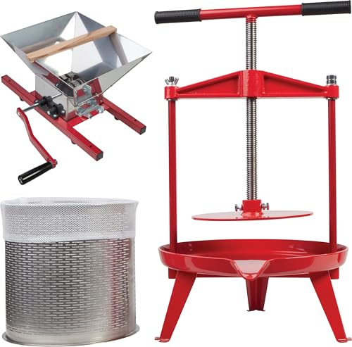 P. Lindberg Obstpresse- & Zerkleinerer-Set, 14-Liter-Presse & 7-Liter-Mühle | Set zur manuellen Apfelweinherstellung mit Presstuch & Edelstahlkorb, für Äpfel, Birnen & Trauben, zur Wein- & Saftgewinnung