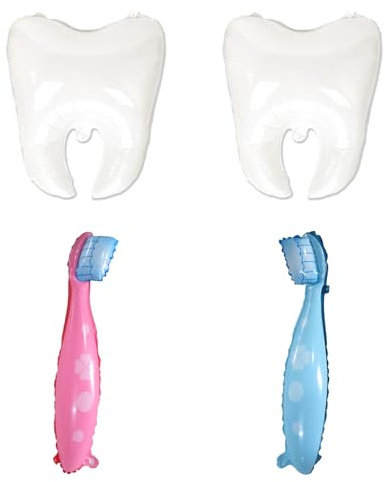 Ovanda 4 Zahn & Zahnbürstenballons aus PE für Babyparty & Gender Reveal | 2 Zahnballons (53 x 44 cm) und 2 Zahnbürstenballons (68 x 18 cm) aus PE; für Babyparty, Taufe und Gender Reveal Feier.