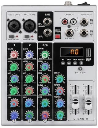 Harewtwy 4 Canali Console di Miscelazione Portatile Dj Karaoke Mixer Audio Xlr Bluetooth 48v Potenza Fantasma per Pc MP3 Plug Eu