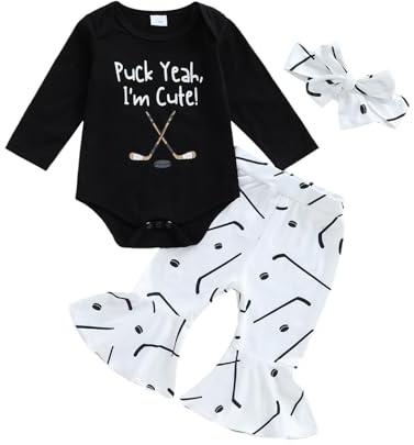 Chloefairy Newborn Baby Girl Hockey Clothes I'm Told I Love Hockey Romper Bell Bottom Flare Pants Set 3Pcs Infant Fall Outfits (Black, 6-12 Months)