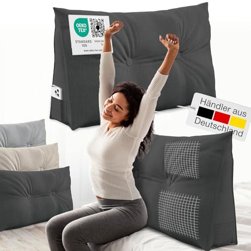 ELONEO Rückenkissen 90 cm breit, Keilkissen für Bett und Sofa geeignet, dreieckiges Lesekissen, Kissen mit abnehmbarem und waschbarem Bezug, mit praktischem Seitenfach