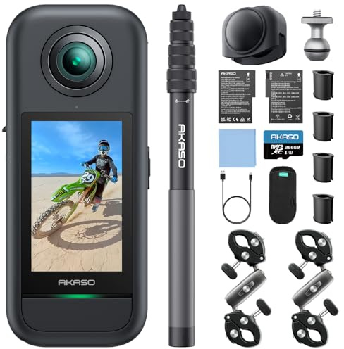 AKASO 360 Moto Pack – Action CAM 360° in 5.7K, Fotos 72MP, Doble Sensor de 1/2 48MP, 360° Horizon Lock, Pantalla táctil 2.29, AI Tracking, Efecto Selfie Stick Invisible, Estabilización SuperSmooth