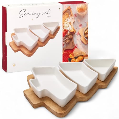 MIJOMA Servierset Weihnachten 4-teilig - Porzellan Schalen mit Holztablett in Tannenbaumform - Festliches Snack- & Dipset - zum Servieren & Dekorieren