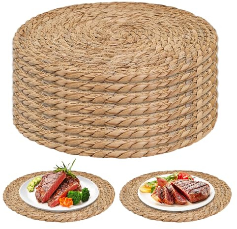 Hojalis Round Woven Placemats, Round Woven Placemats Set of 8, 30cm Handwoven Water Hyacinth Placemats, Wicker Placemat, Rattan Placemat, Braided Wicker Table Mats Dining Table, Home, Party, Wedding