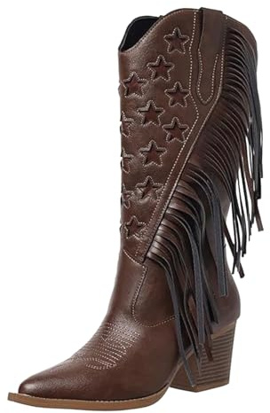 Generisch Boots - Botines para mujer, tacón de bloque, con flecos, botas de tobillo, botas de invierno, elegantes, con botas de piel, marrón, 42 EU