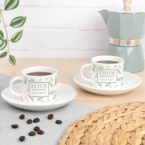 Wanapix | Pack 2 Juegos de Café Expreso Personalizados | Cerámica Personalizada | Apta Lavavajillas | 100ml | Café Expreso y Solo | Hojas