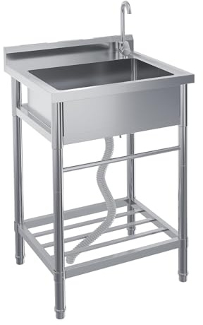 Edelstahl Spültisch, Freistehende Küchenspüle 1 Becken, 61x51x104CM Gewerbliche Spülbecken Mit Wasserhahn Kalt Und Warmwasserschläuchen, Für Waschküche Outdoorküche Gastro Geschäft Restaurant