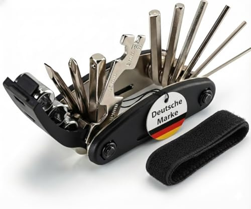 Outil multifonction pour vélo 16 en 1 + fermeture | Outil multifonction pliable comme accessoire de camping ou de vélo | Avec clé Allen, tournevis et adaptateur de clé à douille