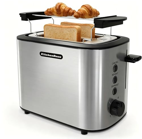 KitchenBoss Tostapane 2 Fette in Acciaio Inox, 6 Livelli di Tostatura | Tostapane con Griglia per il Pane & Cassetto Raccoglibriciole, Spegnimento Automatico & Sbrinamento, 870W