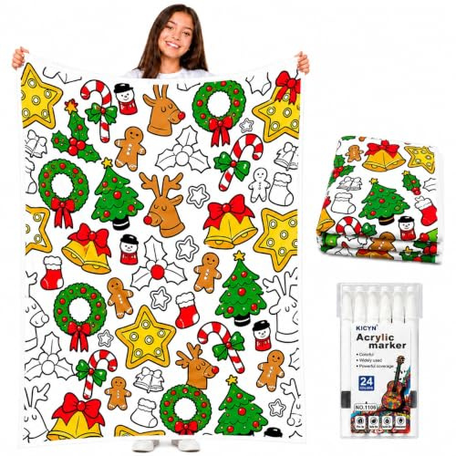 VEELU Manta para Colorear para Adultos DIY 156×125cm con 24 Rotuladore, Mantas Lavable para Pintar Reutilizable para Adultos y Niños Familiar Regalo para Cumpleaños Navidad (Manta para Colorear 09)