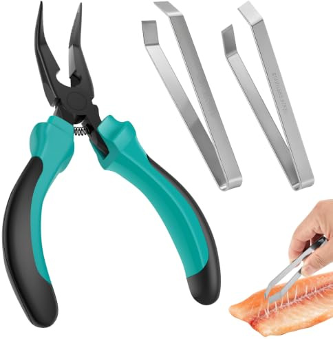Fish Pin Bone Pliers and Tweezers Set High Carbon Steel Serrated Jaw Fish Bone Tongs with Flat & Slant Tweezers for Home Kitchen