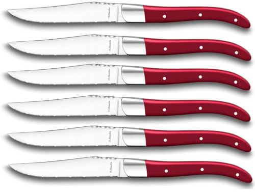 Amefa Lou Laguiole Steakmesser-Set, 6-tlg., Pakkaholz-Griffe | rot, Nietengriffe, für Steak und Grillspezialitäten, durchgehender Klingenerl, ausbalanciert, spülmaschinengeeignet