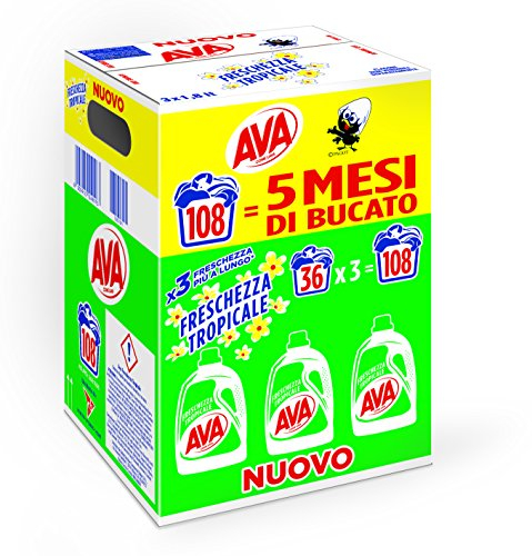 Ava Detersivo Lavatrice Liquido, Freschezza Tropicale, 108 Lavaggi, Pacco da 3 Pezzi