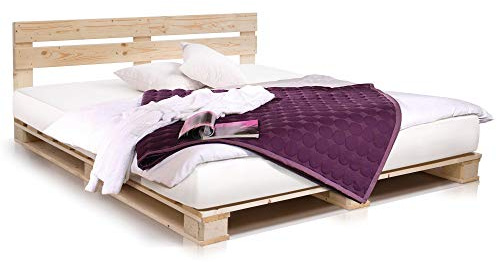 moebel-eins PALETTI Palettenbett inklusive Kopfteil Massivholzbett Holzbett Bett aus Paletten mit 11 Leisten, Palettenmöbel Made in Germany, 180 x 200 cm, Fichte Natur