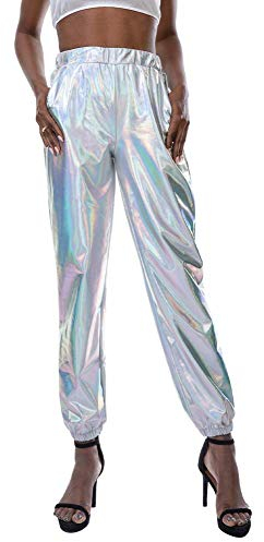 IMEKIS Damen Hohe Taille Cargohose Glänzend Wetlook Elastischer Bund Hologramm Hip Hop Tanzhose Lackleder Jogger Casual Streethose Bühnen Auftritt Partyhose Nachtclub Disco Clubwear Silber S