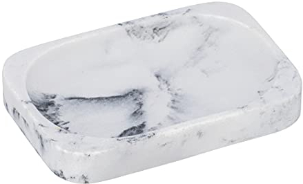 WENKO Seifenschale Mod. Desio, Seifenablage für Stückseife, Bad-Zubehör aus Kunststein in eleganter Marmor-Optik, Ablageschale, Weiß/Grau, 12,7 x 2 x 8,8 cm