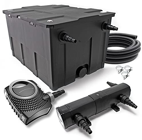 Wiltec Komplettset: CBF-550 Teichfilter bis 60000L Teichfilteranlage Durchlauffilter, NEO6000 Teichpumpe 6000l/h 40W, CUV-236 Teichklärer 36W, 5m Teichschlauch 38 mm (1 1/2), Schlauchschellen 44-47mm