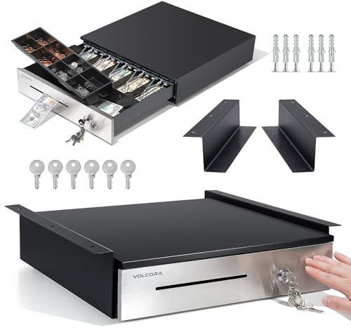 Manual Push Open Cash Register Drawer with Under Counter Mounting Metal Bracket - 16 Black/Stainless Steel Front Cash Drawer for POS, Partial Removable 5 Bill 8 Coin Tray, Key Lock, Media Slots