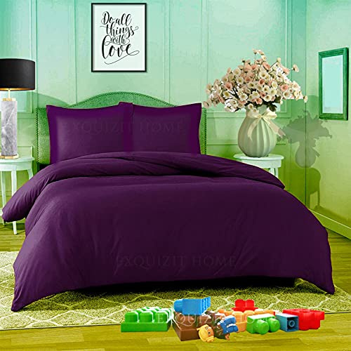EXQUIZIT HOME® Duvet Quilt Cover Bedding Set with Matching Pillowcases Easy Care Plain Dyed Poly Cotton Soft Wrinkle Resistant Hotel Quality Machine Washable Bedding (Plum, Single)