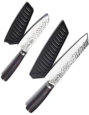 hajegato Ensemble de couteaux de chef japonais professionnels Kiritsuke de 19,1 cm et couteaux de cuisine Santoku de 12,7 cm en acier inoxydable allemand à haute teneur en carbone 7cr17, coffret