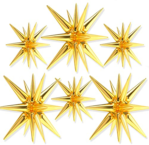 PartyWoo Gold Star Balloons - 6pcs One-Piece 14-Pointed Explosion Stars with Ribbon, Mylar Balloons for Gold Party Decorations, Birthday (27 & 22 inch)