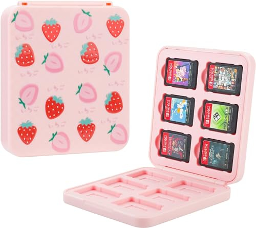 RHOTALL Cute Strawberry Game Card Case for Nintendo Switch/OLED/lite/2, Storage Card Box with 12 Game Cards Cartridge and 12 SD Cards Slots, Portable Switch Games Holder with Magnetic Design