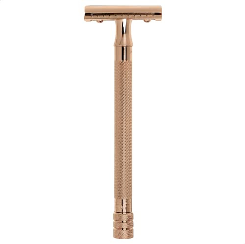 MERKUR Rasierer 24G | Unisex Rasierhobel PVD Gold | Dreiteiliger Rasierer in PVD Roségold mit geradem Schnitt | Geschlossener Kamm | Ideal für Nassrasur | Messing Griffstück | Made in Germany…