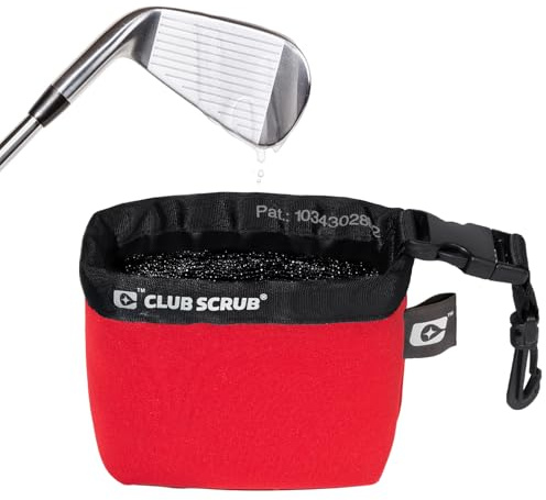 Club Scrub Golf Club and Golf Ball Cleaning Bag, Waterproof Clean Face Technology Liner, Perfectly Dry Neoprene Exterior, Detachable Clip, Machine Washable, Cleans Club Grooves, Red