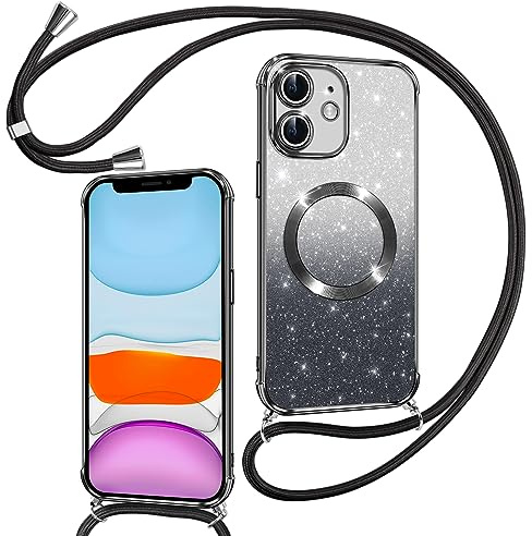 Phoona Hülle für iPhone 11 mit Band, Schwarz | [Kompatibel mit MagSafe] Luxuriöse Glitzer Beschichtung Magnetische Handyhülle zum Umhängen Kordel Silikon Stoßfest